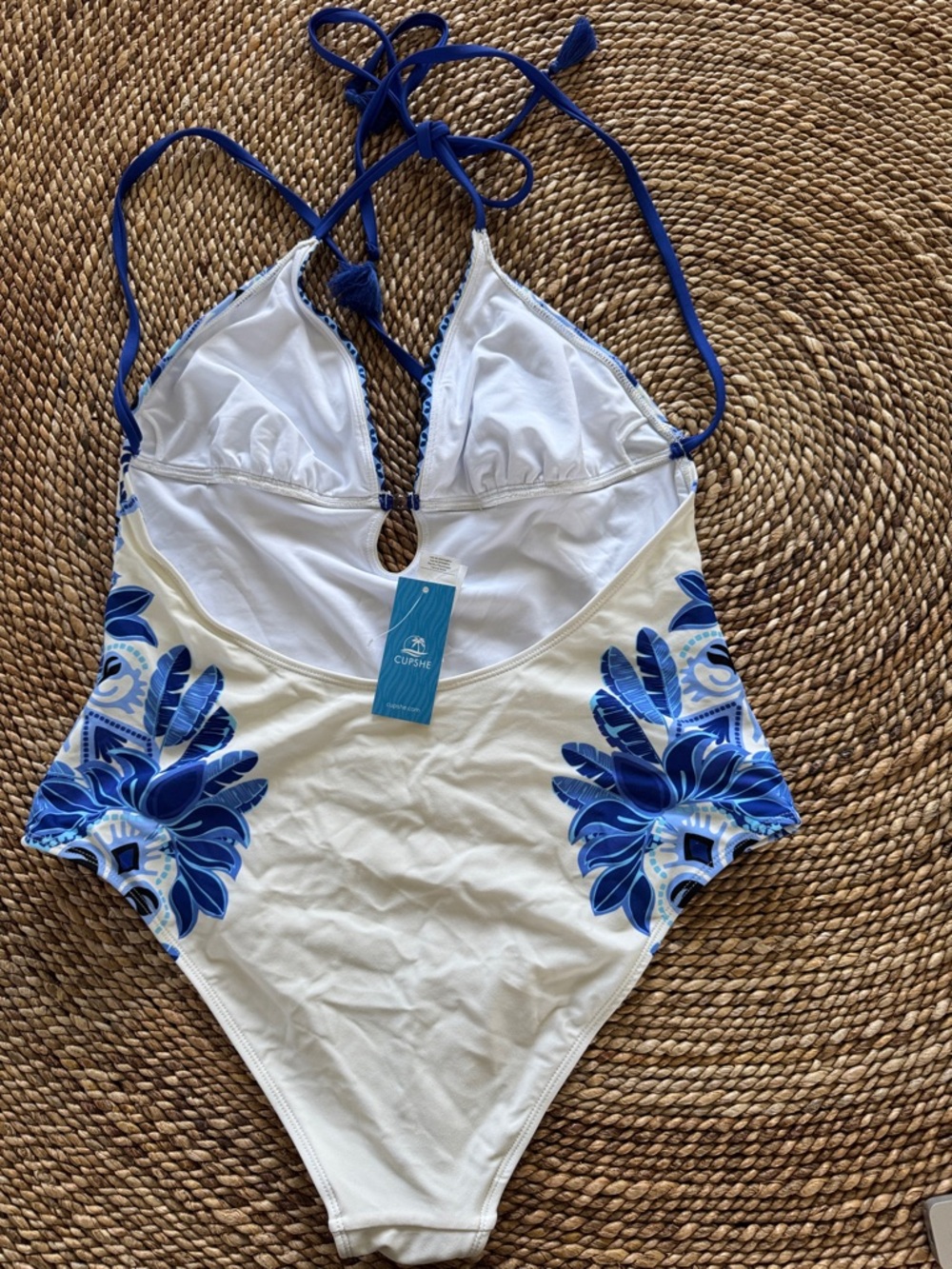 Woman’s One-Piece Swim Suit in White and Blue Floral - Picture 2 of 4